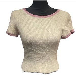 Intimately FREE PEOPLE Size MEDIUM Whole Lotta Fluff Sweater Ivory/Purple Trim